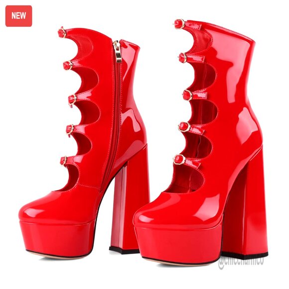 Platform Ankle Boots with Chunky Heels Side Zipper Gold Buckle
